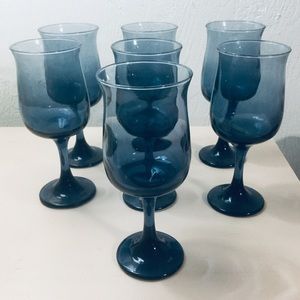 VINTAGE LIBBEY SMOKEY BLUE TULIP WATER GOBLET STEMWARE